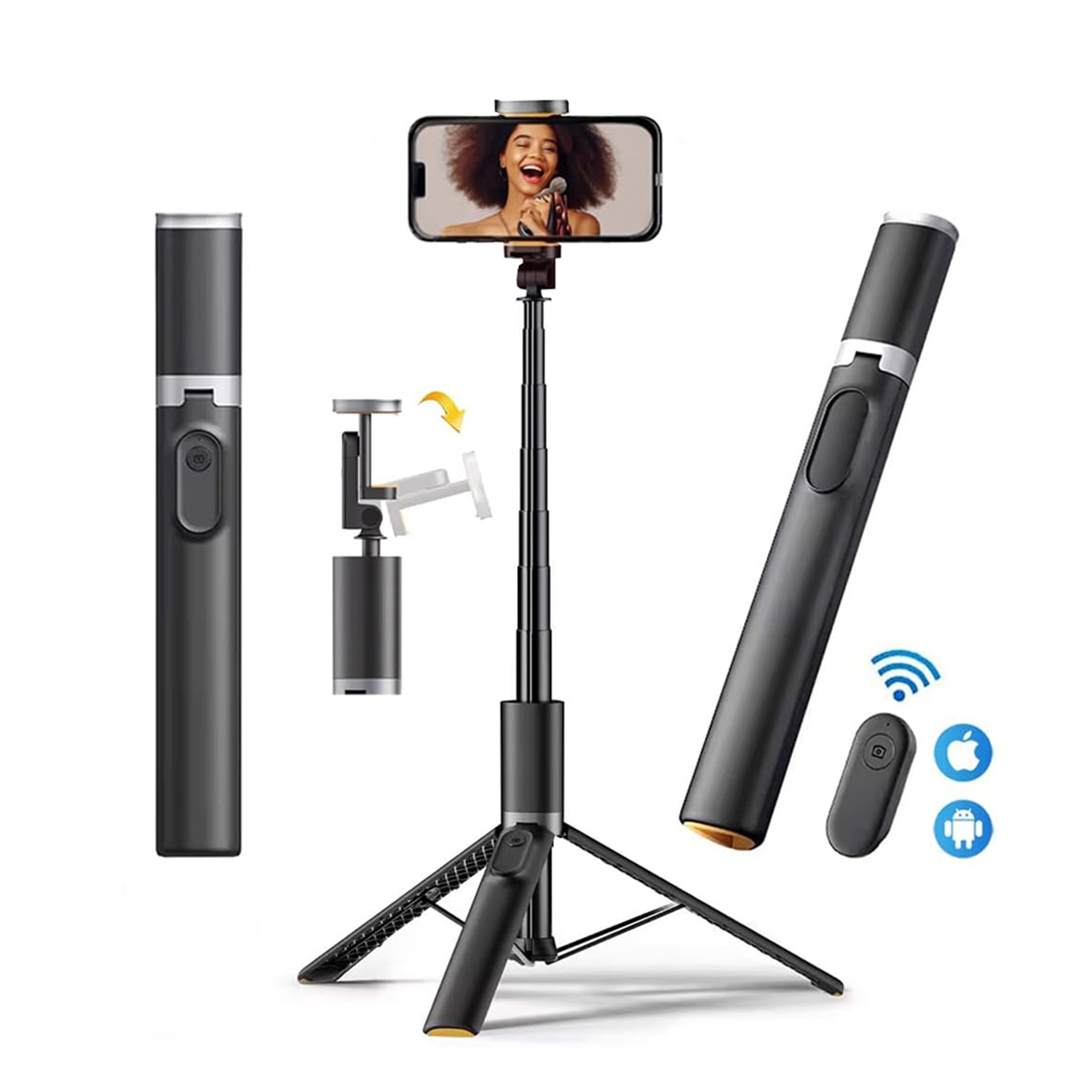 Selfie Stick Phone Tripod with Remote Control - 3 in 1 Tripod Stand, 64" with Rotating Phone Holder, Compatible with iPhone and Android for Photo/Video Recording & Travel - GBD Extendable Tripod Stand